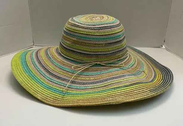 Panama Jack Hat Sun Straw Paper Wide Brim Beach Travel Striped Green Yellow Grey