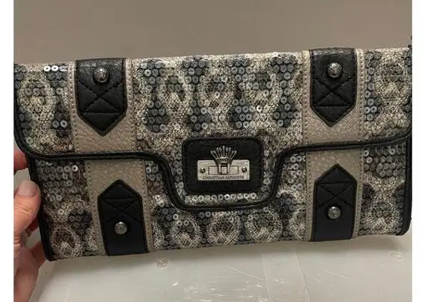 Christian Audigier Snake Clutch Magnetic Closure Python Envelope Purse Black