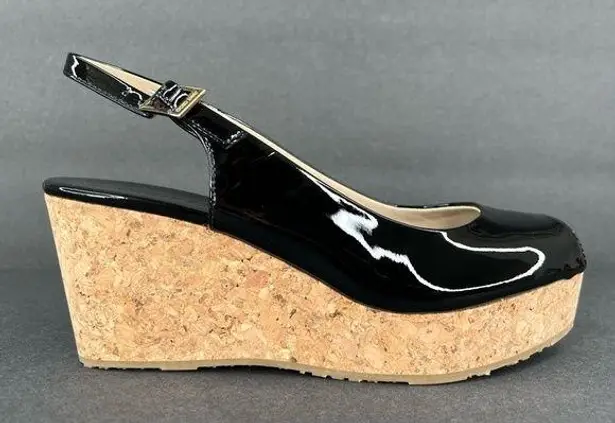 Jimmy Choo Praise Black Patent Cork Wedge Heel Slingback Pumps Size EU 37.5