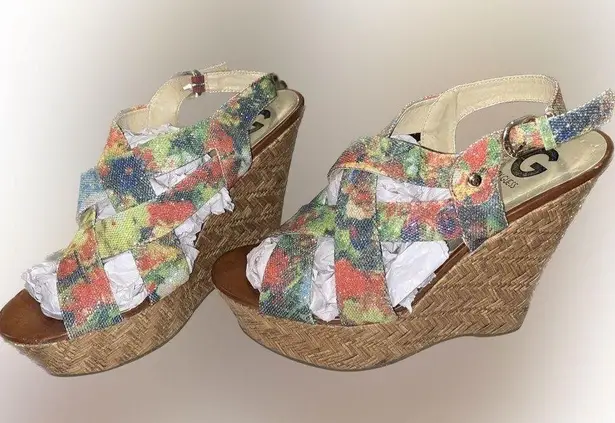 G by Guess Floral Vibrant Glitter Strappy Wedges Platform Shoes - Size 11M