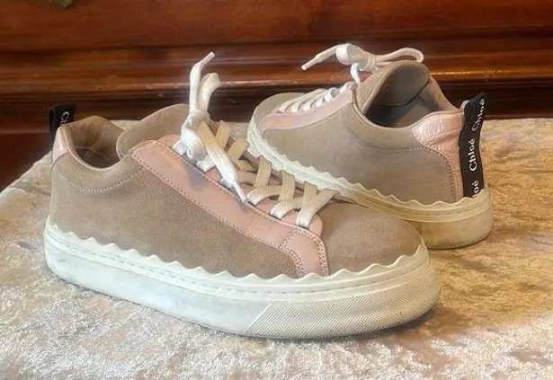 Chloé Lauren Leather Beige Blush Pink Scalloped Stacked Sneakers VGUC 6 / EUR 36