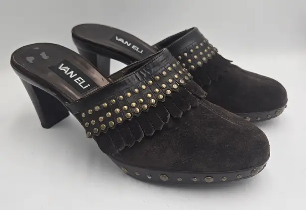 Van Eli Brown Suede Studded Clog Mules Heels Fringe Trim Slip On Women’s 9W Boho Size 9