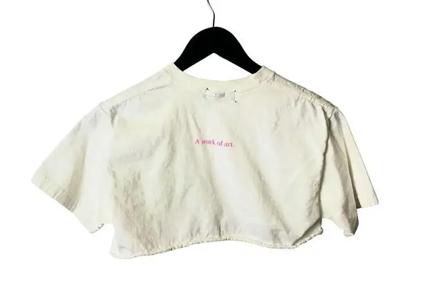 Lovely Jean A Work Of Art T Shirt Girl Illustration Pocket Raw Hem Graphic Tee Size XS