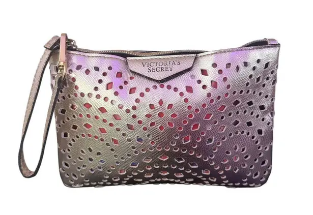 Victoria's Secret  Metallic Gold Wristlet Bag Laser Cut Clutch Small Makeup travel