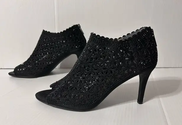 J. Rene Radita Satin Rhinestone peep top shooties heel shoe women size 9 M Black