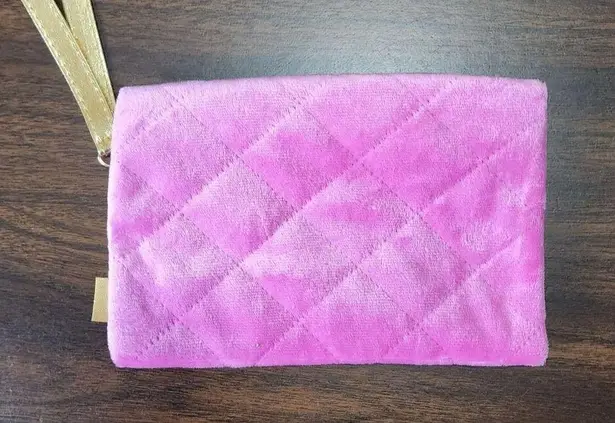 Ipsy Pink Quilted Velvet Pouch Zippered Cosmetic Bag Toiletries Makeup Bag
