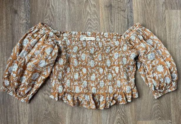 Daughters of India Women’s XL Shirring Cotton Top Brown Boho Peasant Blouse