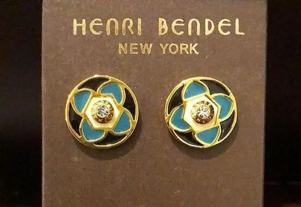 Henri Bendel Earrings Turquoise Black and Gold Floral Studs NEW ON CARD