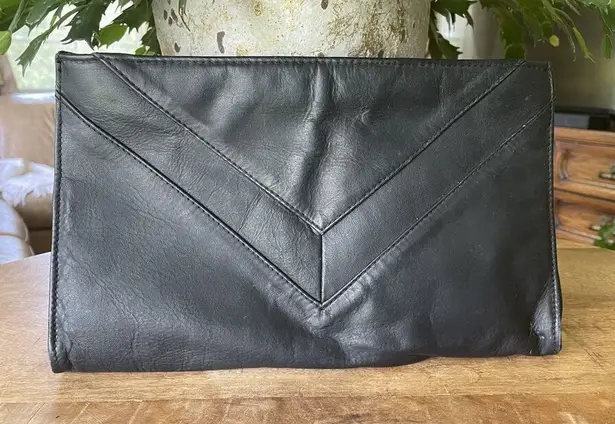 Vintage Black Genuine Leather Chevron Foldover Clutch Bag 13.5” Made in China Black