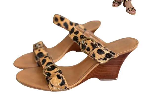 Coldwater Creek Y2K FUR LEOPARD BUCKLE STRAPPY HEELS WEDGE SANDALS SZ. 8-8.5