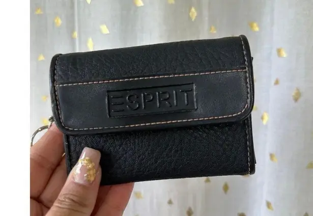 Esprit Vintage Black Faux Textured Leather Mini Zipper ID Pocket Wallet Key Ring - Image 2