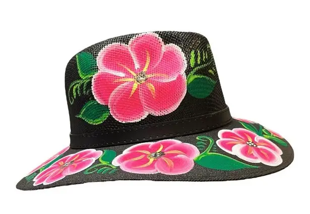 HAT MEXICAN Artisanal Hand Painted Fedora Floral Sombrero Panama Bohemian Black