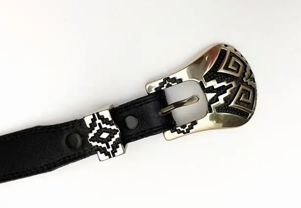 Buckle Black Nocona Belt Aztec Metal  Skinny Genuine Leather Size 32