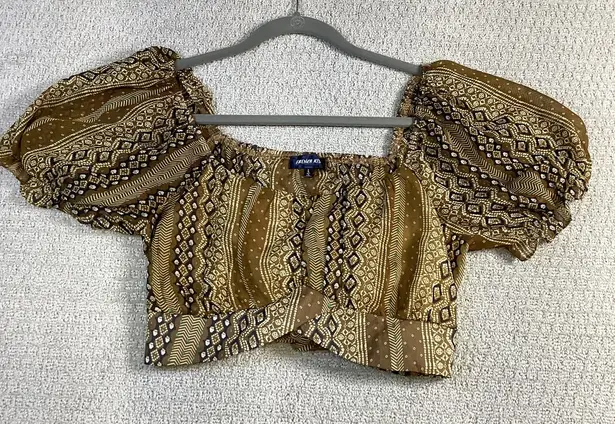 French Kiss Boho Puff Sleeve Crop Top Tie Back Tribal Print L