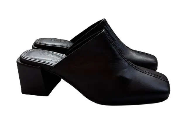 Selected Femme Black Leather Mules Block Heel Square Toe Y2K 90s Vibe Size 9 NEW