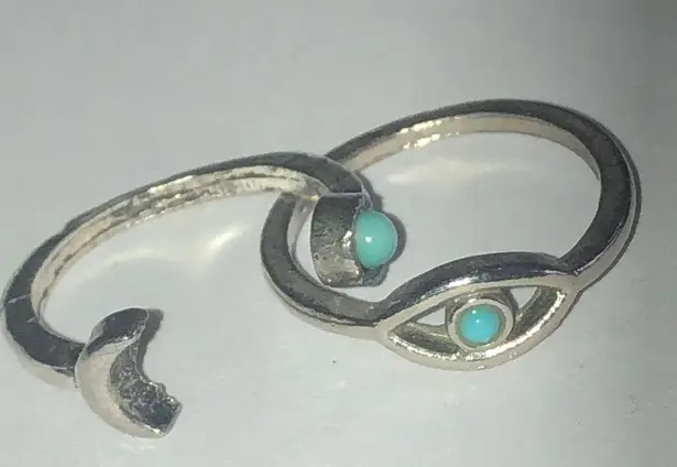 Silver Tone Evil Eye Ring Moon Ring with Turquoise Color Accents
