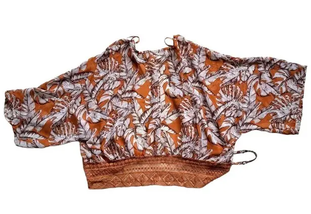 Timing  Blouse Womens XL Orange Plant Print Wide Arm Waist Tie Lace Top Boho