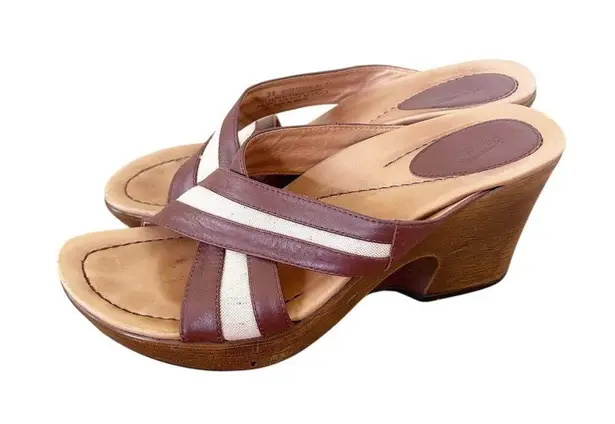 Dansko Neeci Brown Leather Linen Heels Slide Sandals Sz 39
