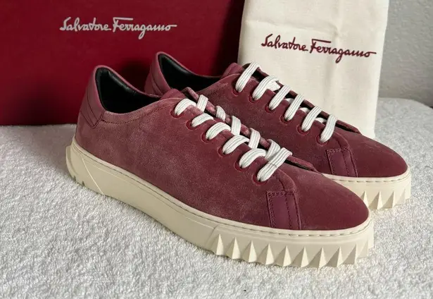 Salvatore Ferragamo $685 NEW Womens Cube Sneakers Pink Red Velvet Luxe size 6
