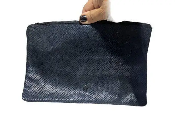 Ash Blue/Black Leather Snakeskin Pattern Clutch Purse With Zipper Closure