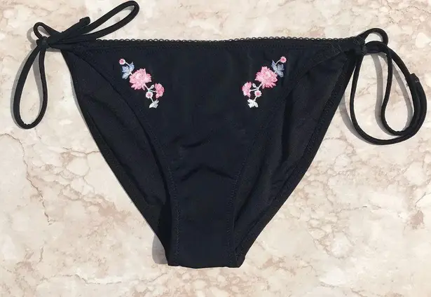 Topshop Black and Pink  Floral Embroidered String Bikini Bottoms