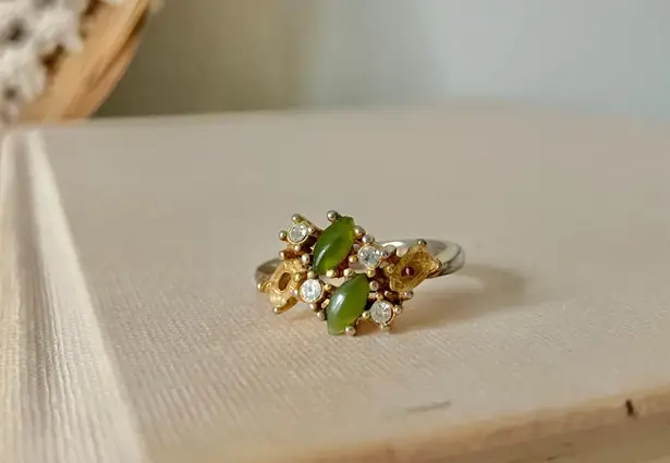 UNCAS Jade Leaf Marquise Gold Ring “Leifa” Green Earthy Bohemian Victorian Femme Jewelry