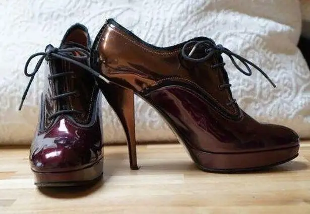 Lanvin Colorblock Patent Leather Lace Up Ankle Heel Boots Booties Size 37.5 Purple