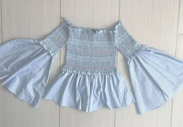 Central Park West Smocked Off the Shoulder Bell Sleeves Top Sz XS Blue White