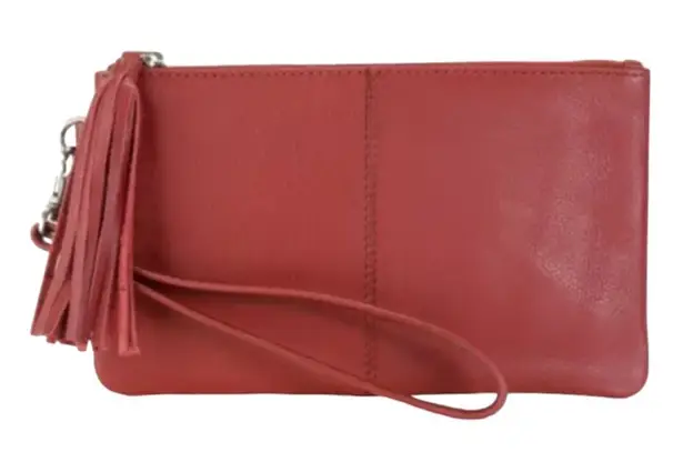 Hadaki "Katy's Leather clutch Deep Red pebbled leather tasseled wristlet NWOT