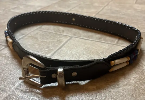 Vintage Beaded Leather Belt with Blue and Red Accents Black