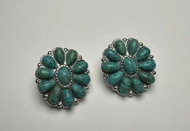 Avon Silver Tone & Blue Turquoise Color Pierced Earrings
