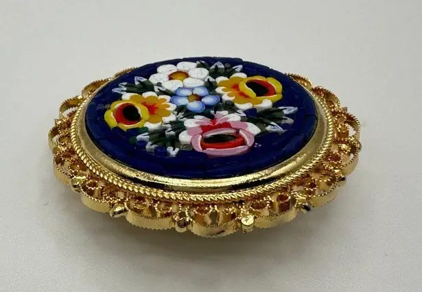 Vintage Micromosaic Brooch Blue Floral Gold Filigree Italy Large 1.75 Inch