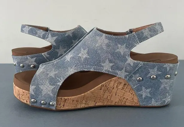 Corkys Carley Patriotic Star Studded Denim Slingback Wedge Sandals Blue Size 9