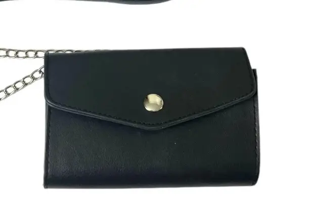 Black Silver Crossbody Chain Link Shoulder Strap Snap Closure Vegan Small Mini