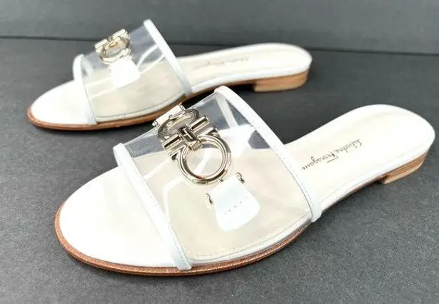Salvatore Ferragamo Rhodes Pvc Gancini Logo White Leather Flat Sandals Size US 5