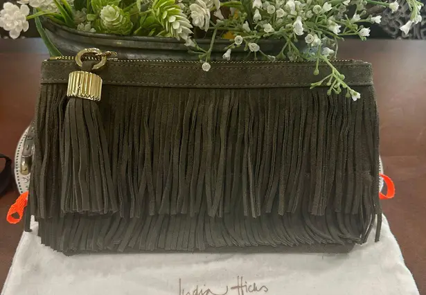 India Hicks Fringed Purse Army Green Suede Clutch w/Tassel London Harbour Island