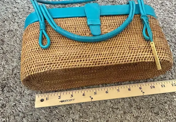 Elliott Lucca Turquoise green leather trim straw rattan woven stiff basket bag