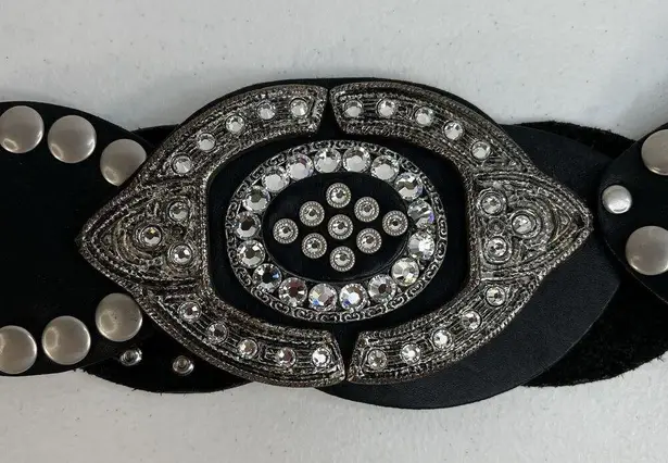 Leather Studded Belt Large 38 Bling Buckle Conch Style Black Silver Southwestern