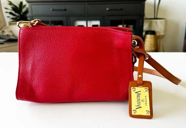 Valentina Zip Around Crossbody Handbag Red Pebbled Leather 2 Straps Italy Nice!