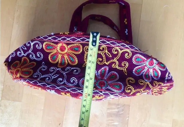 Embroidered Elephant Zipper Velvet Handbag, Maroon, Burgundy, Gold, Yellow Red