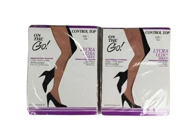 Set Of 2 On The Go! Lycra Ultra Sheer Pantyhose Size 1 Control Top Nude Made USA