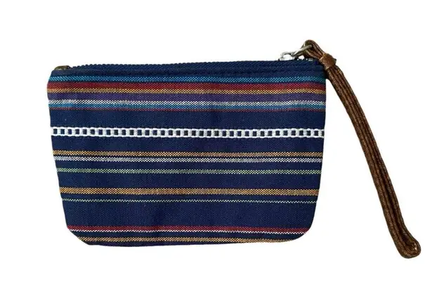 Aero women's small navy blue striped wristlet pouch bag clutch leather flap