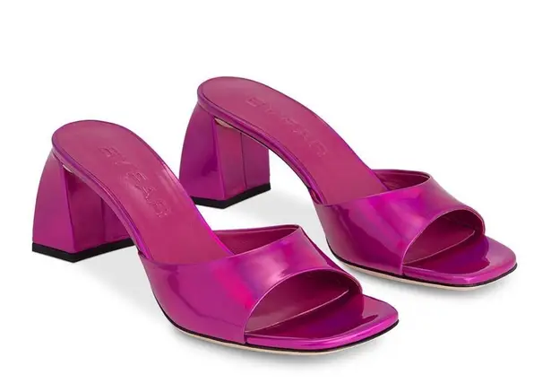 BY FAR Romy Lac Square Toe Block Heel Sandals Iridescent Fuchsia Size 37 NWT