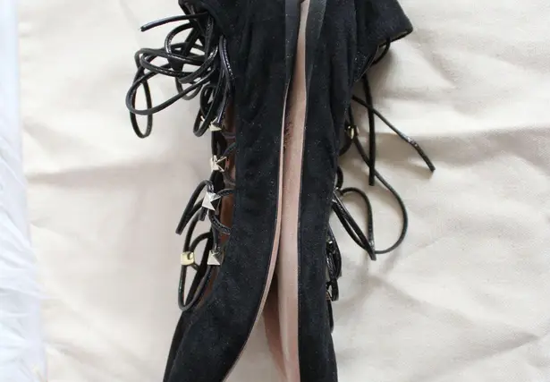 Valentino Black Suede Gold Rockstud Lace Up Ankle