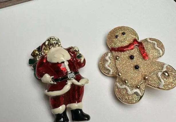 Santa Claus / Gingerbread Man Christmas Holiday Brooch Pin Lot Of 2 Gold Tone