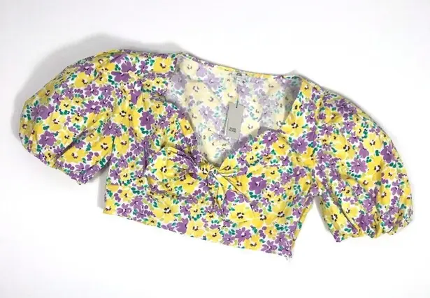 River Island floral Puffed Sleeve tie front crop top Yellow and Purple size 14