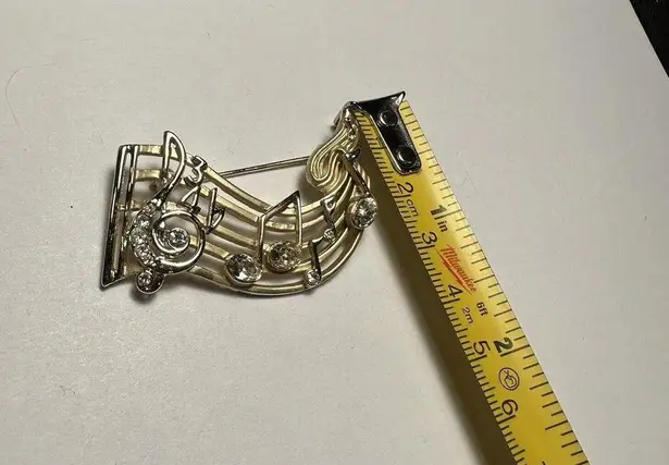 The Bar Two Tone & Rhinestone Music Notes /  Brooch Pin Signed AJC