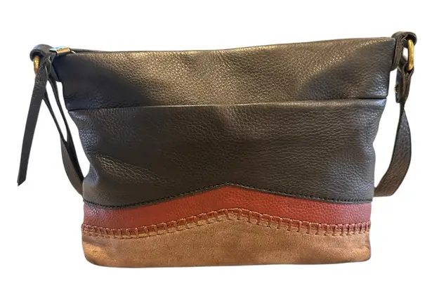 The Sak Leather Crossbody Bag Black Brown Suede Trim Boho Adjustable Strap