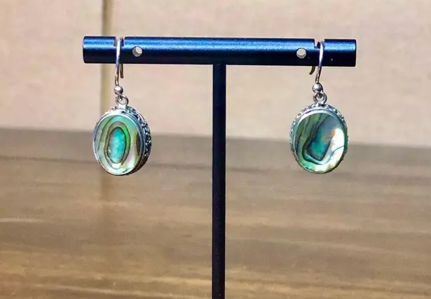 Sterling Silver ABALONE Cabochon Drop Earrings With Scrollwork Around The Bezel
