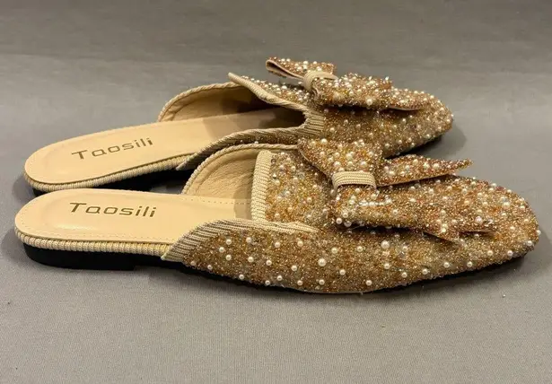 Toosili Footwear Women's Glittering Gold Bow Mules 8.5 pearls beads sparkle